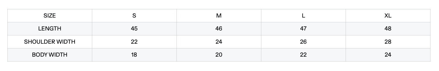 Corset – size chart